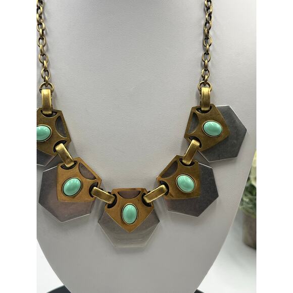 J. Crew Vintage Goldtone Silver Geometric Turquoise Cabochon Egyptian Necklace - Picture 3 of 9